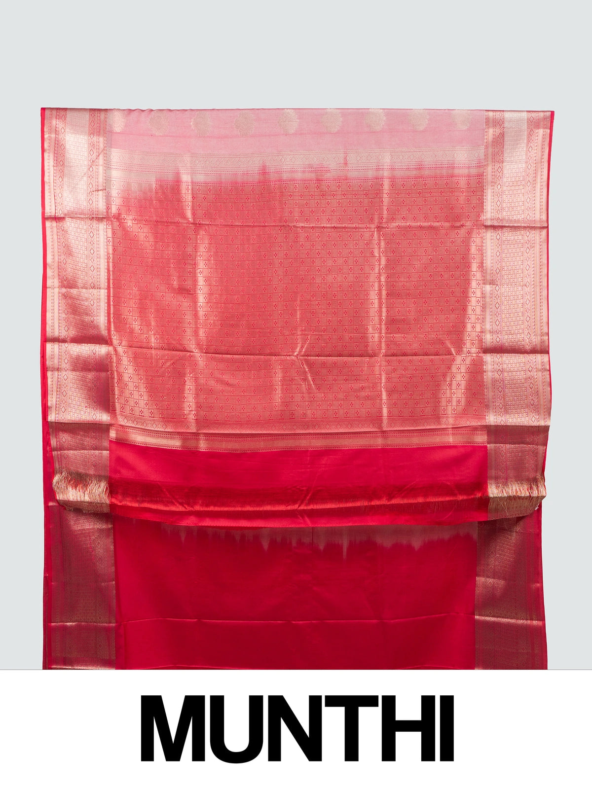 Rose pink and red semi silk saree with gold zari buttas and contrast zari border