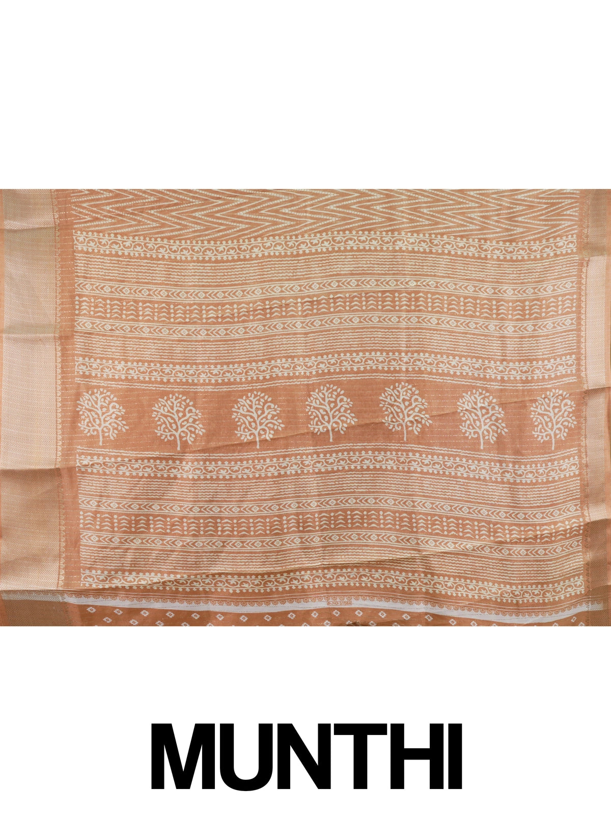 Peach and white designer saree with chevron print, gold zari border and tree-of-life pallu