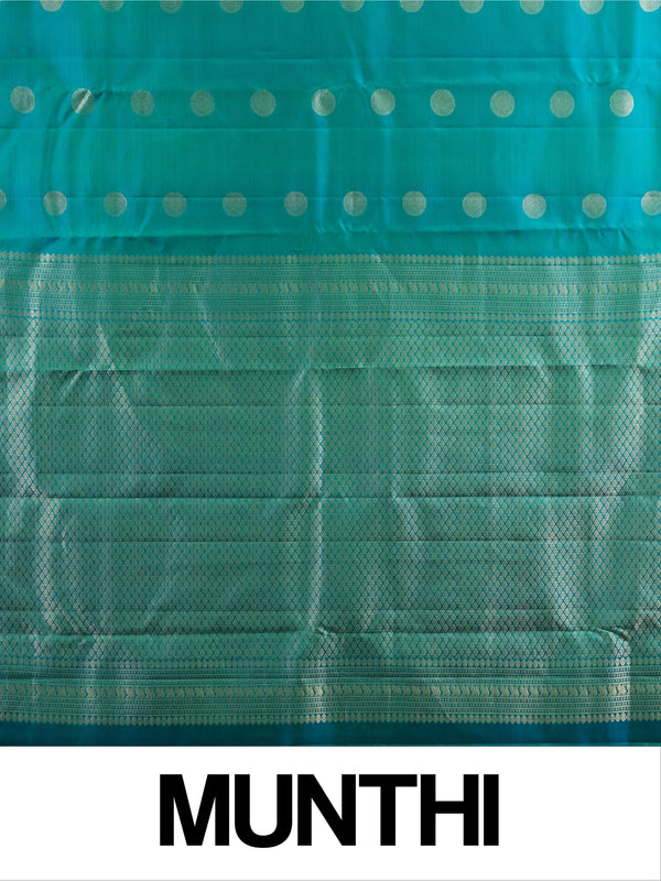 Peacock teal pure Kanchipuram silk saree with gold zari chakra buttas and contrast zari border