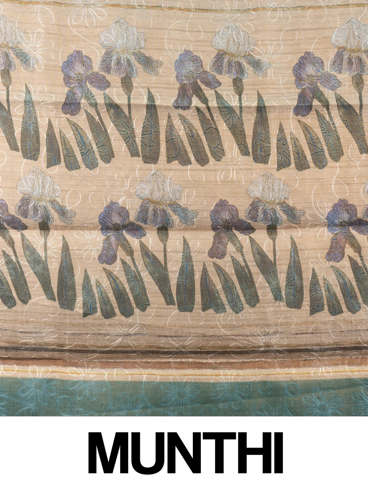 Beige and green linen cotton saree with striped body, floral iris pallu and green zari border