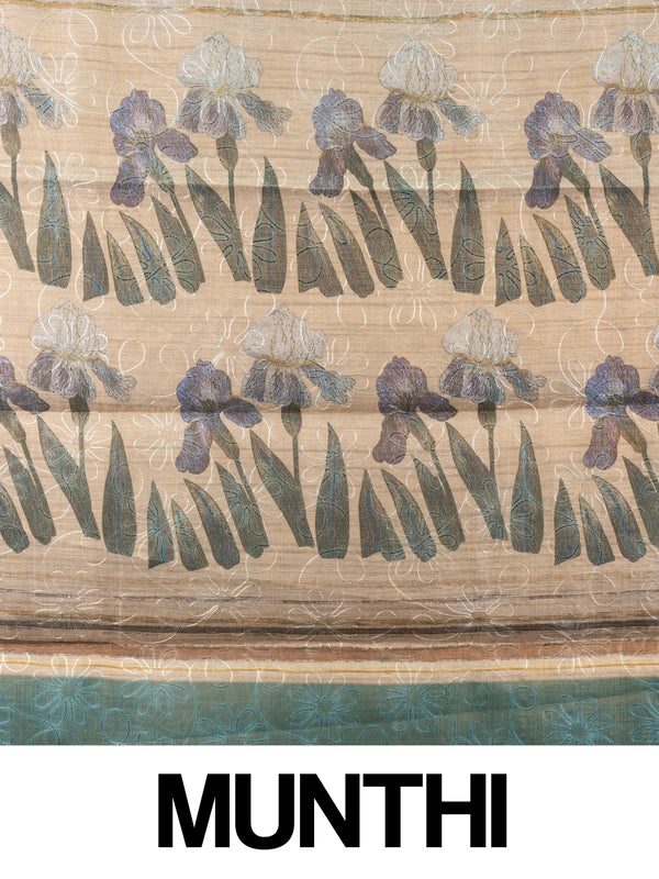 Beige and green linen cotton saree with striped body, floral iris pallu and green zari border