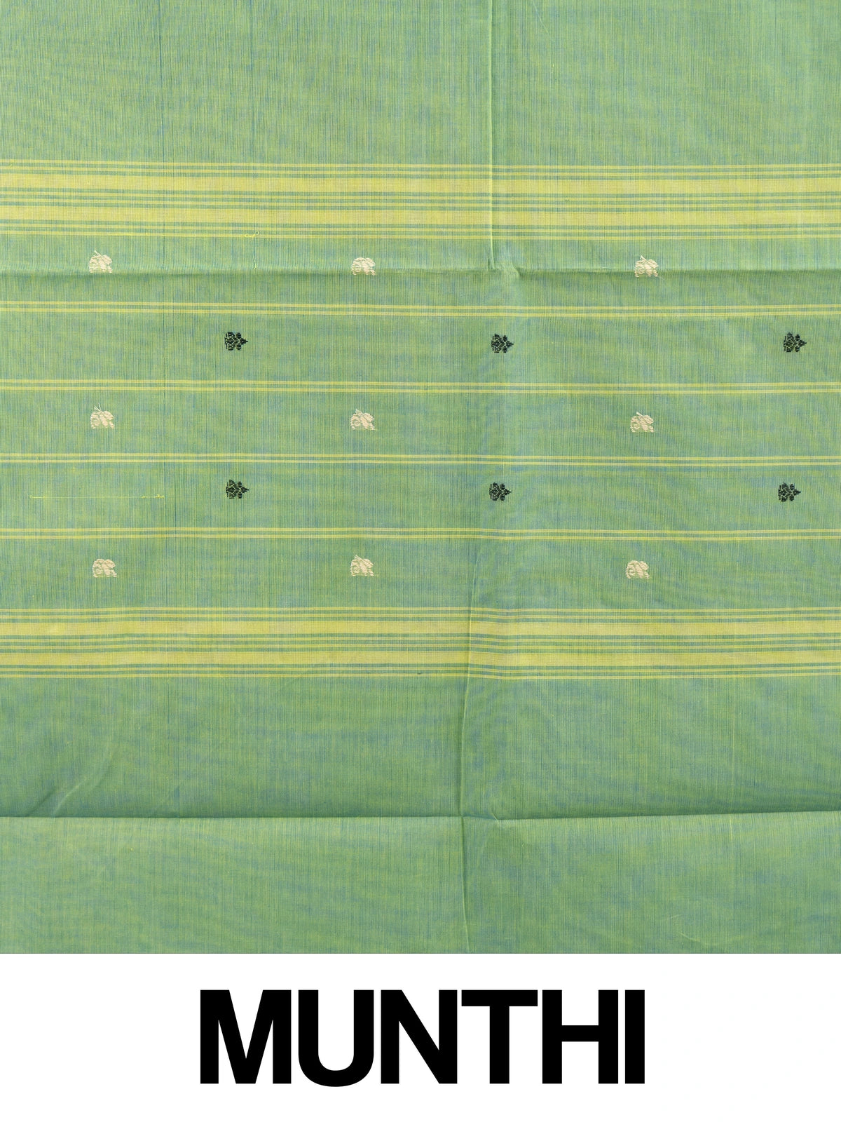 Green Chettinad cotton saree with contrast blue and gold zari temple border and scattered buttas