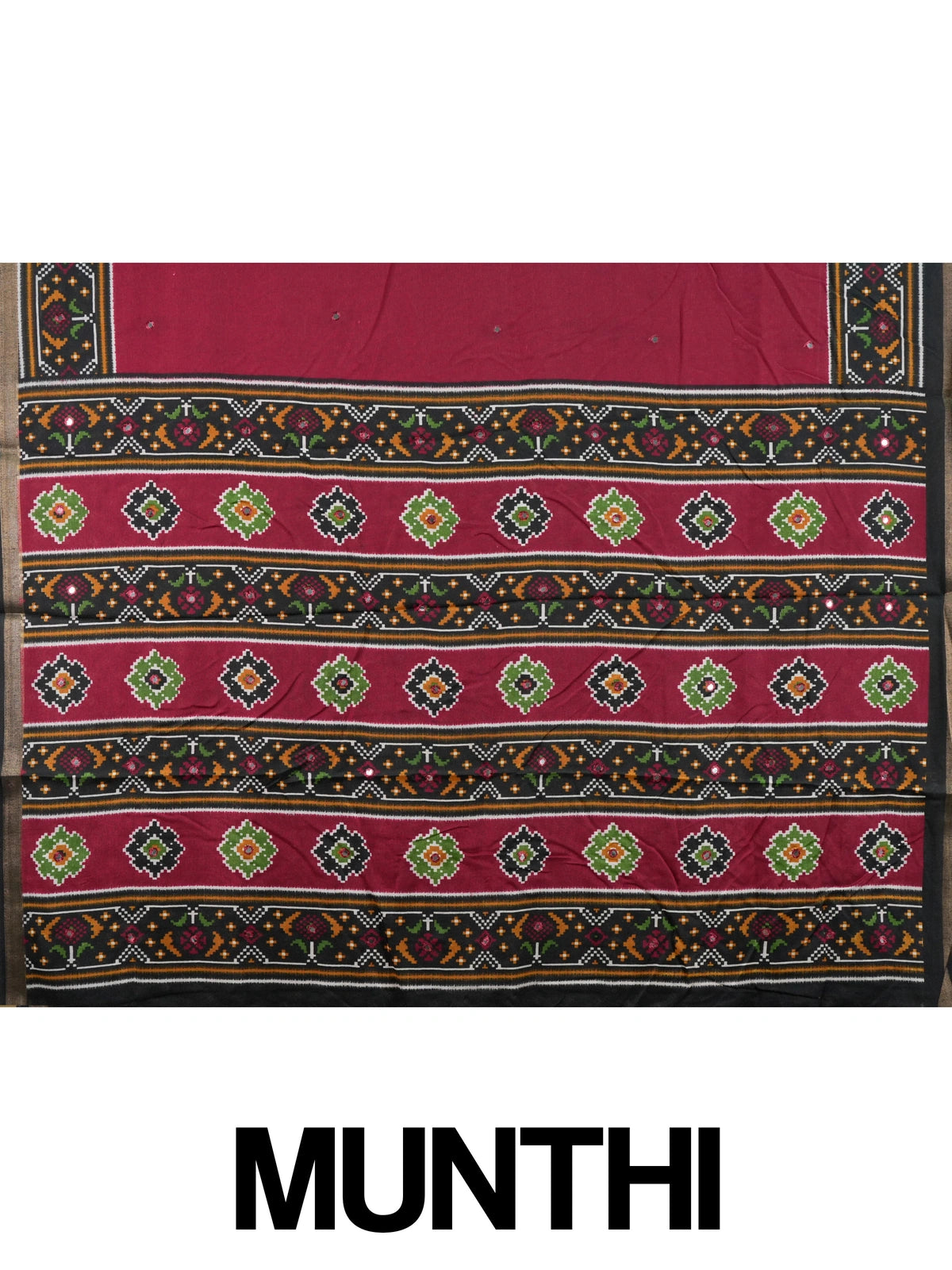 Maroon Dola silk saree with black patola-style border, multicolour pallu and mirror work