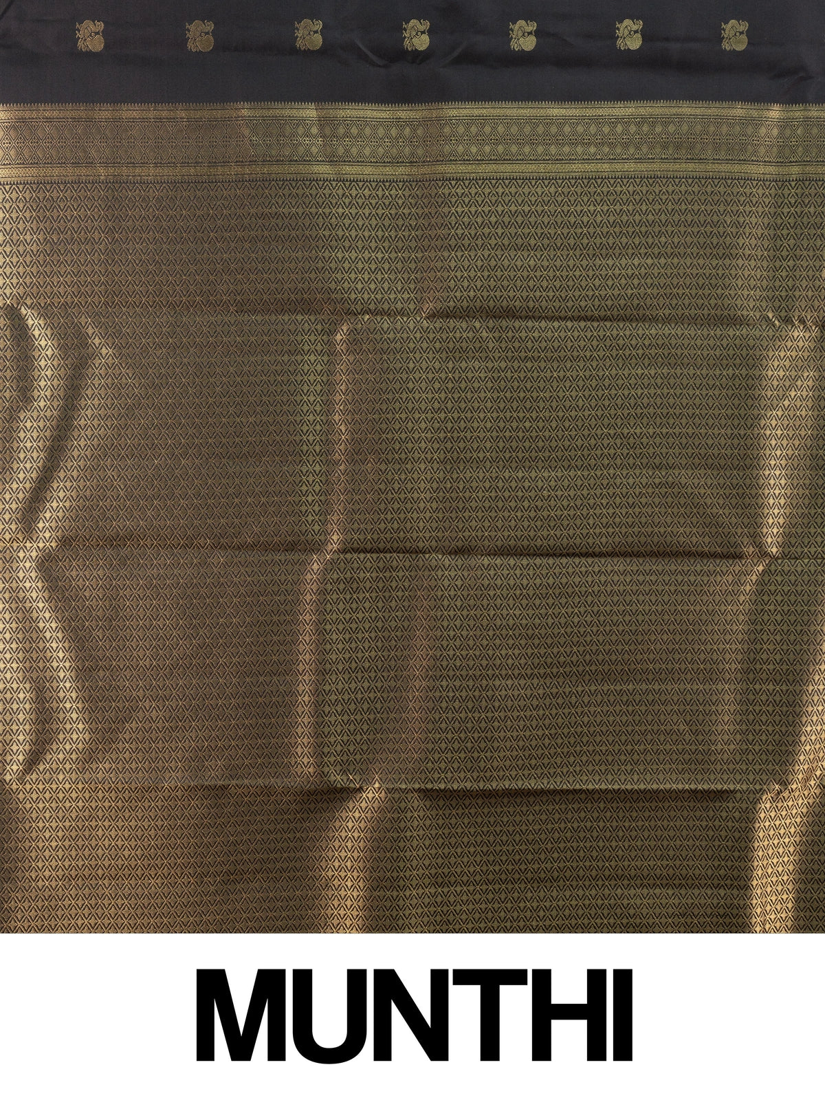 Black pure Kanchipuram silk saree with gold zari buttas and broad zari border