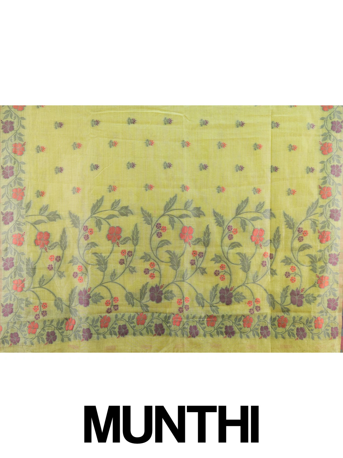 Lime yellow linen cotton saree with multicolour floral buttis and woven floral vine border