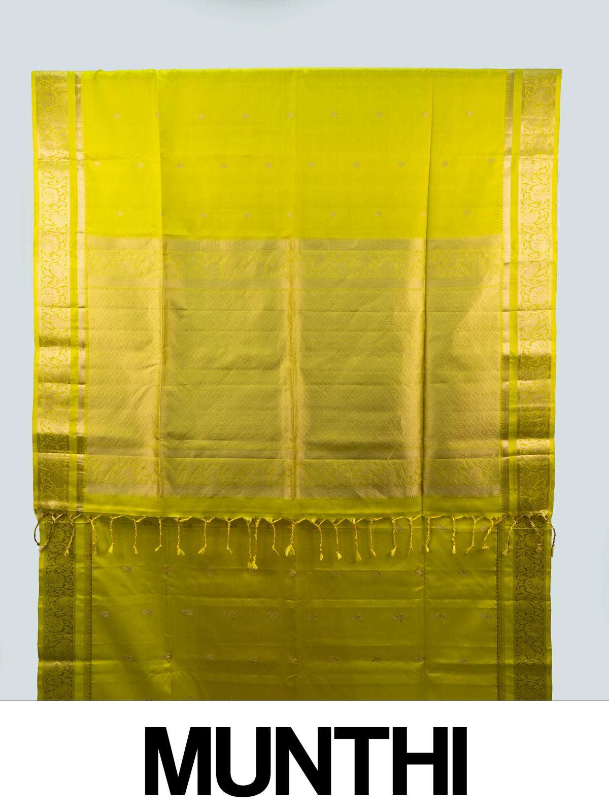 Lime green soft silk saree with broad gold zari border and ornate zari pallu