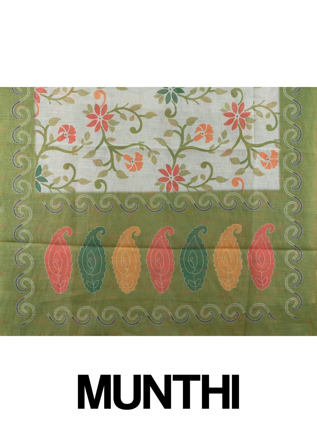 Cream linen cotton saree with floral print, green scrollwork border and paisley pallu