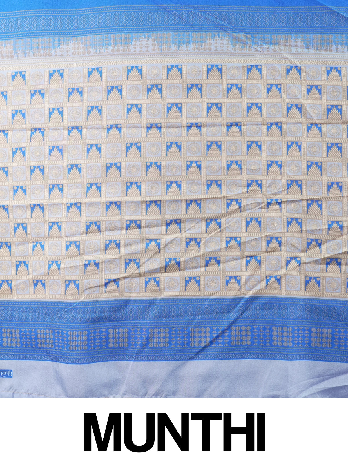Blue Dola silk saree with white floral buti motifs and contrast zari border