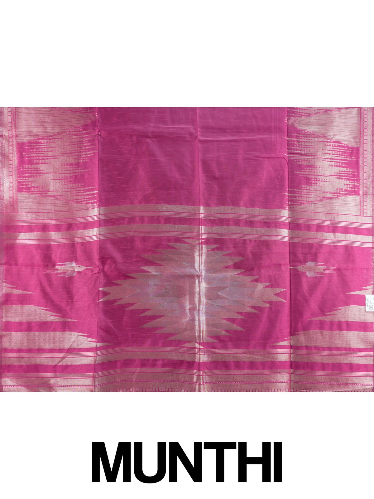 Magenta pink semi tussar saree with silver zari ikat streaks and temple-design pallu