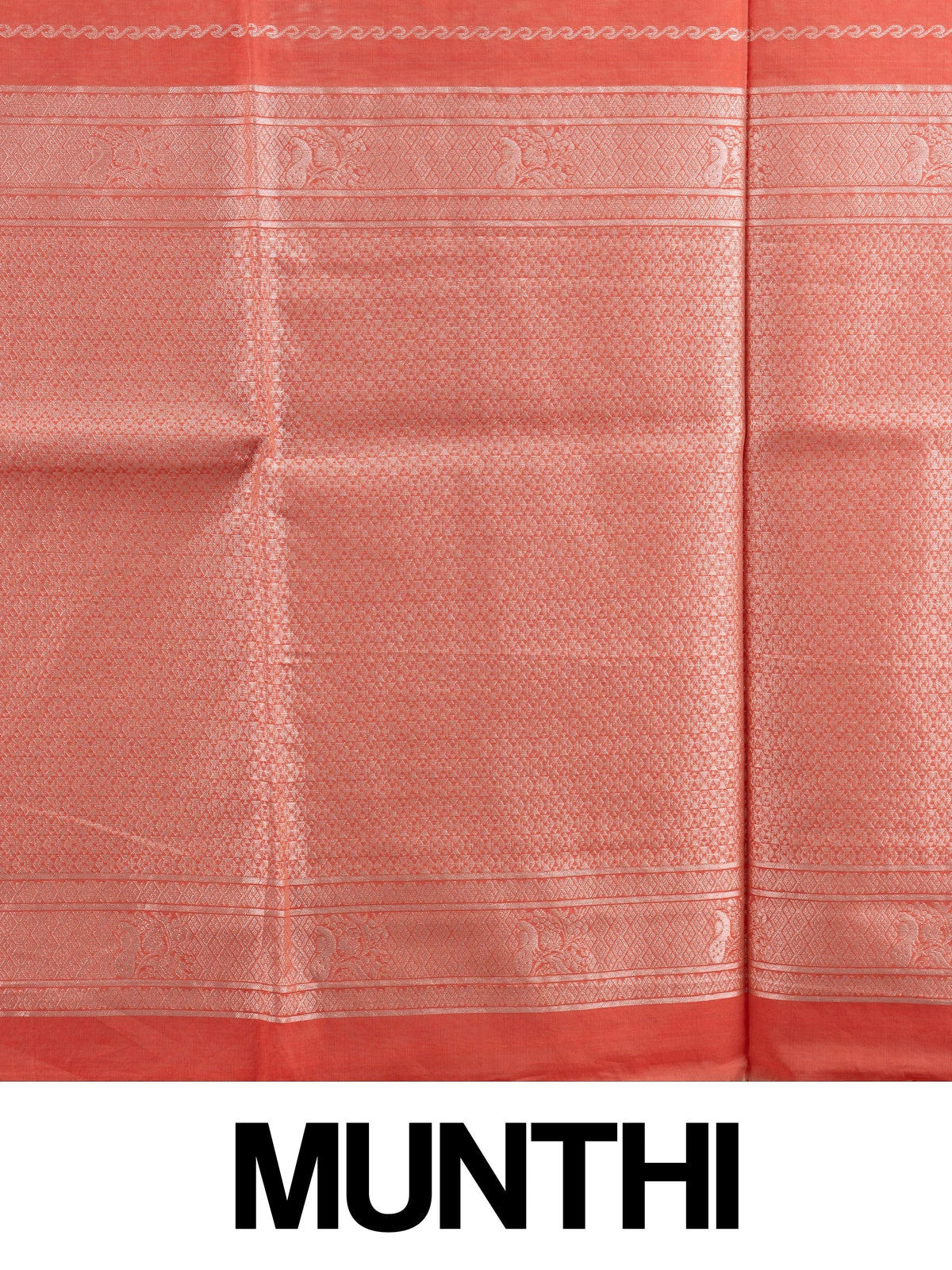 Coral orange silk cotton saree with silver zari buttis and ornate zari border