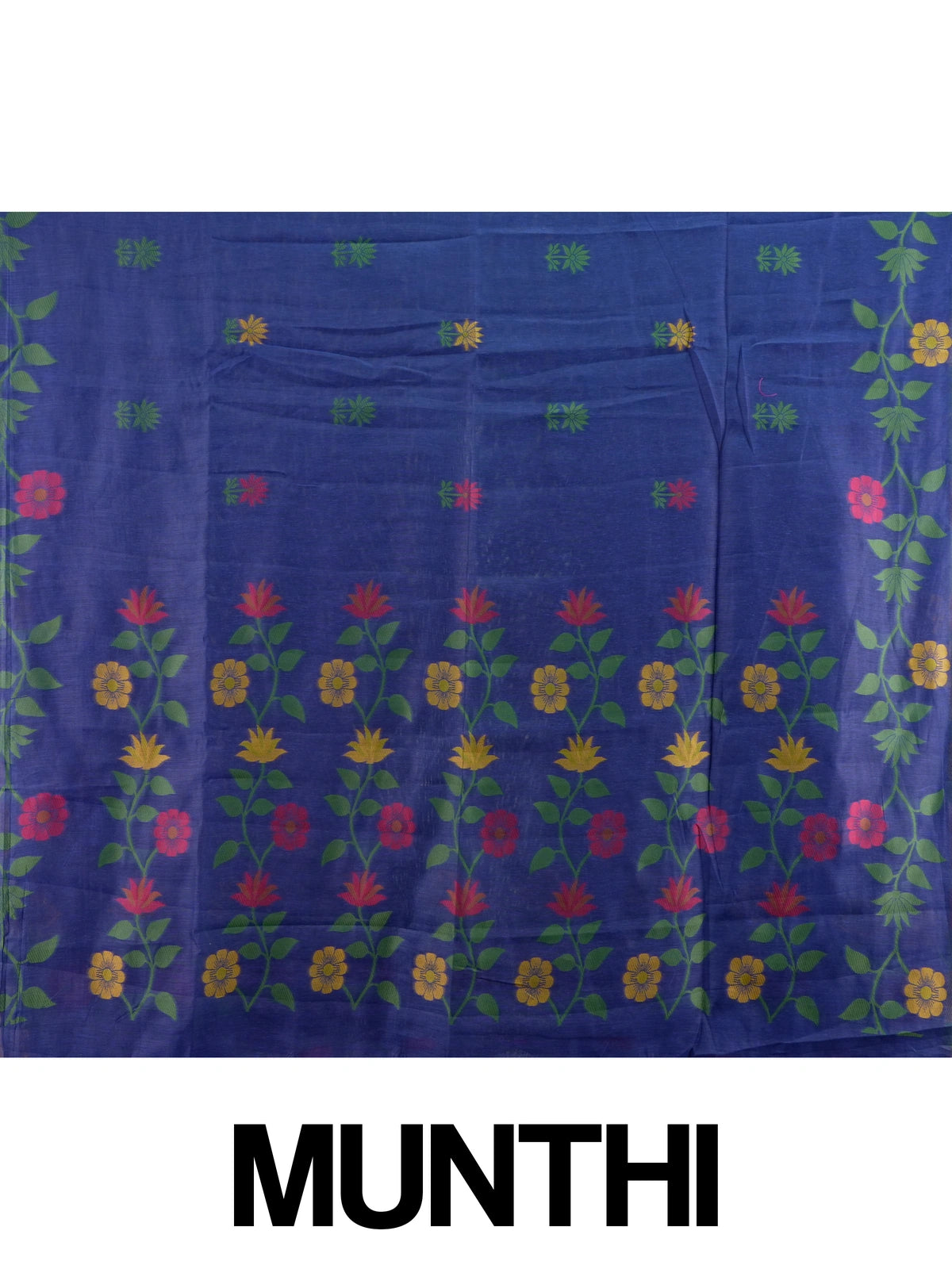Royal blue linen cotton saree with multicolour woven floral motifs and a floral vine pallu