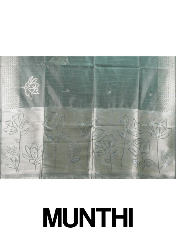 Sage grey semi tussar saree with silver zari floral pallu and border