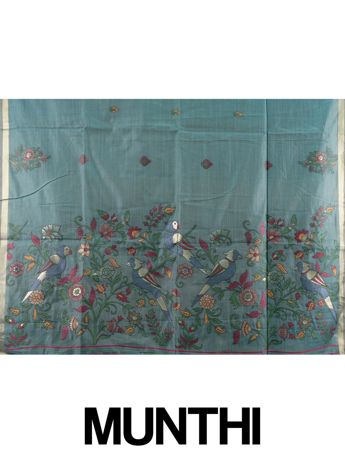 Teal blue linen cotton saree with floral butta body, gold zari border and parrot motif pallu