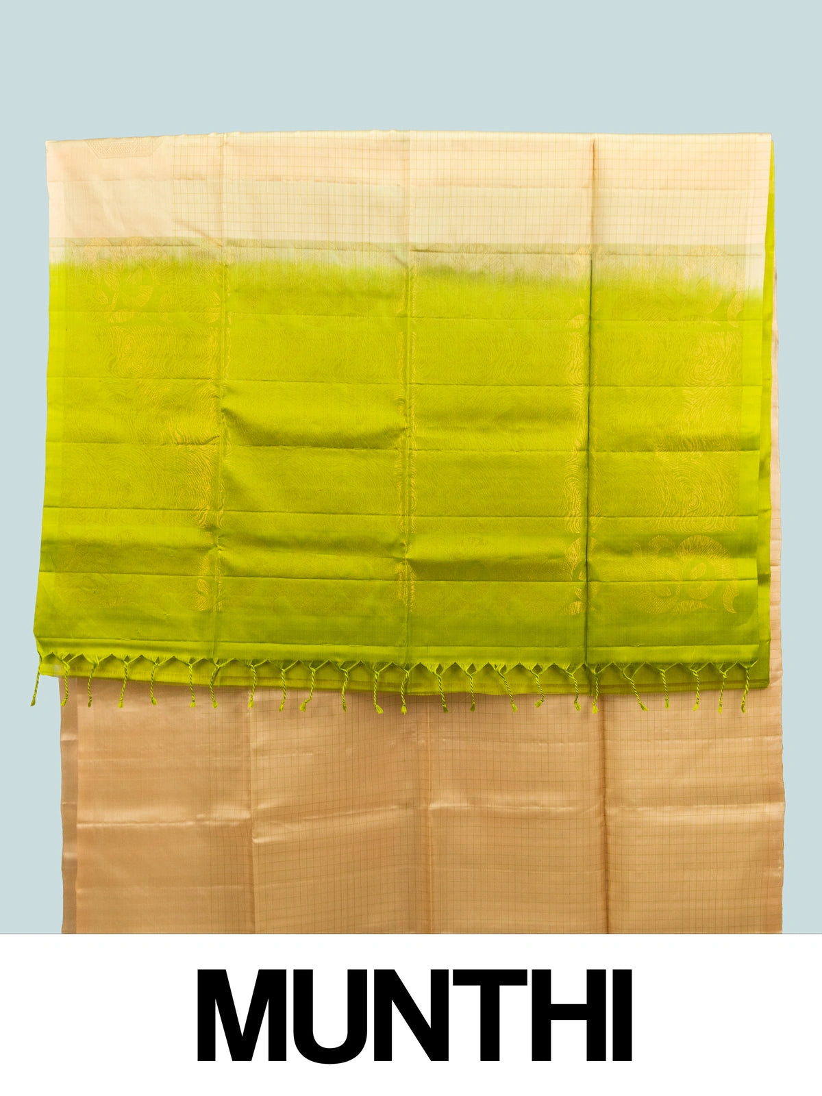 Cream Kanchipuram pure mix saree with gold zari checks and contrast lime green zari pallu and border