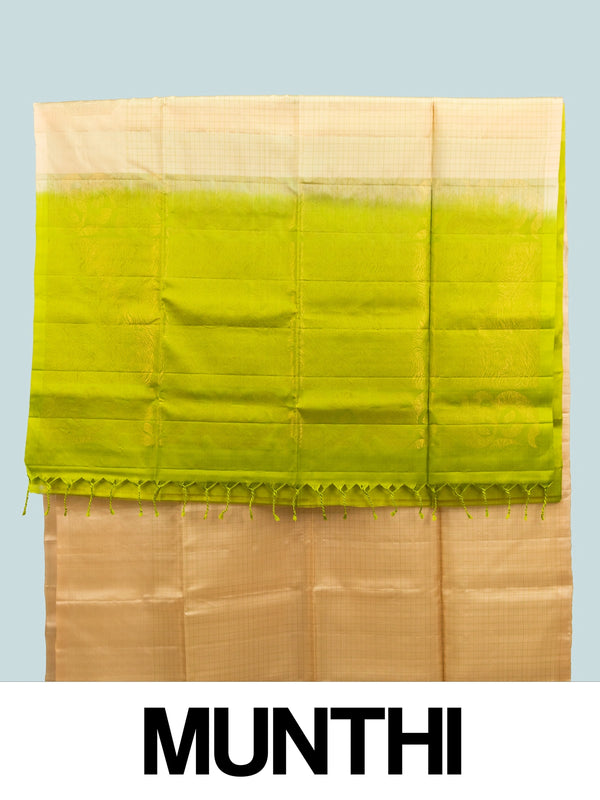 Cream Kanchipuram pure mix saree with gold zari checks and contrast lime green zari pallu and border