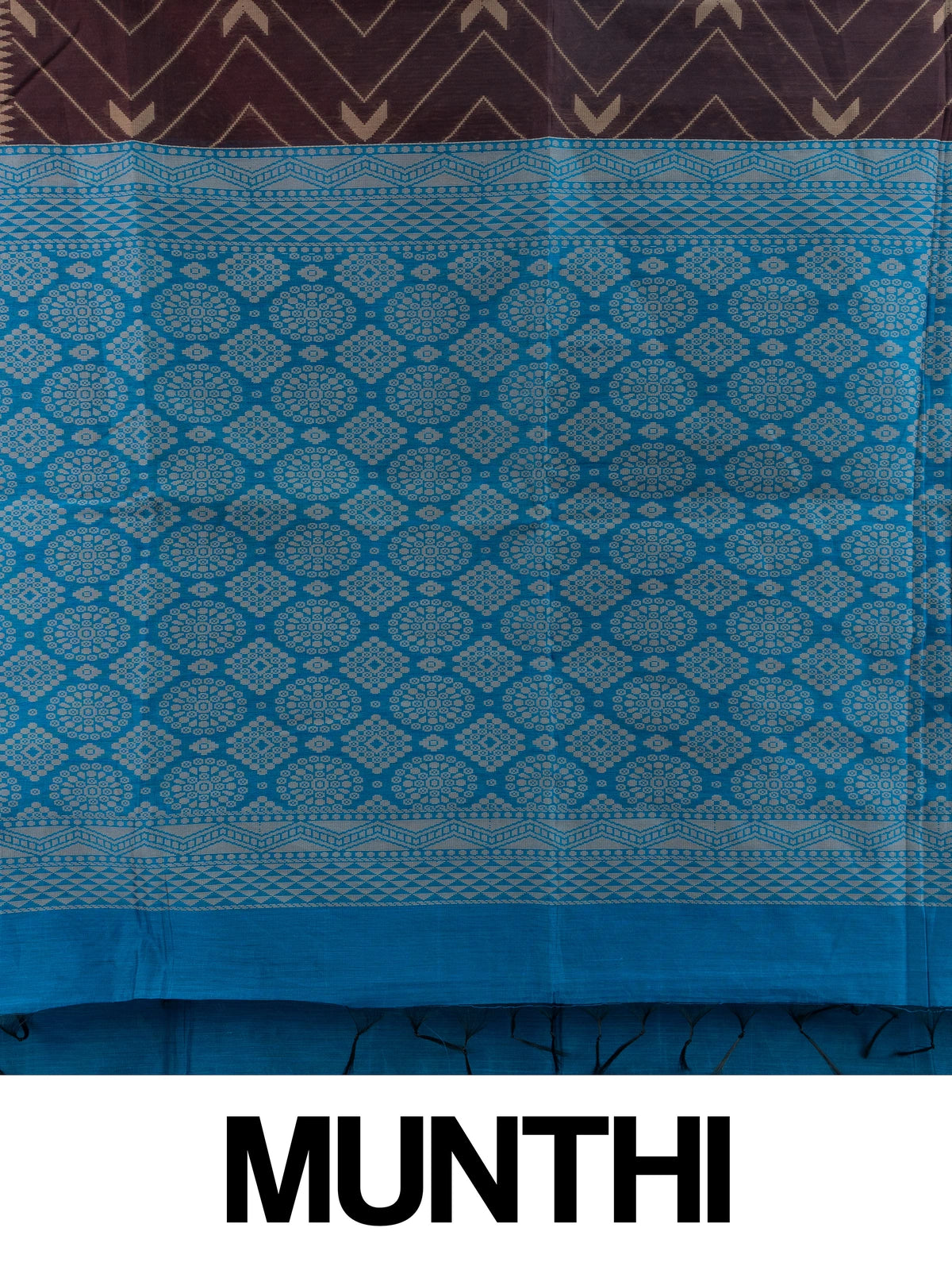 Dark brown silk cotton saree with chevron woven body and contrast peacock blue geometric pallu