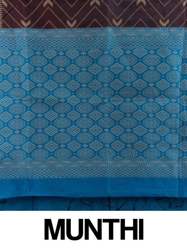 Dark brown silk cotton saree with chevron woven body and contrast peacock blue geometric pallu