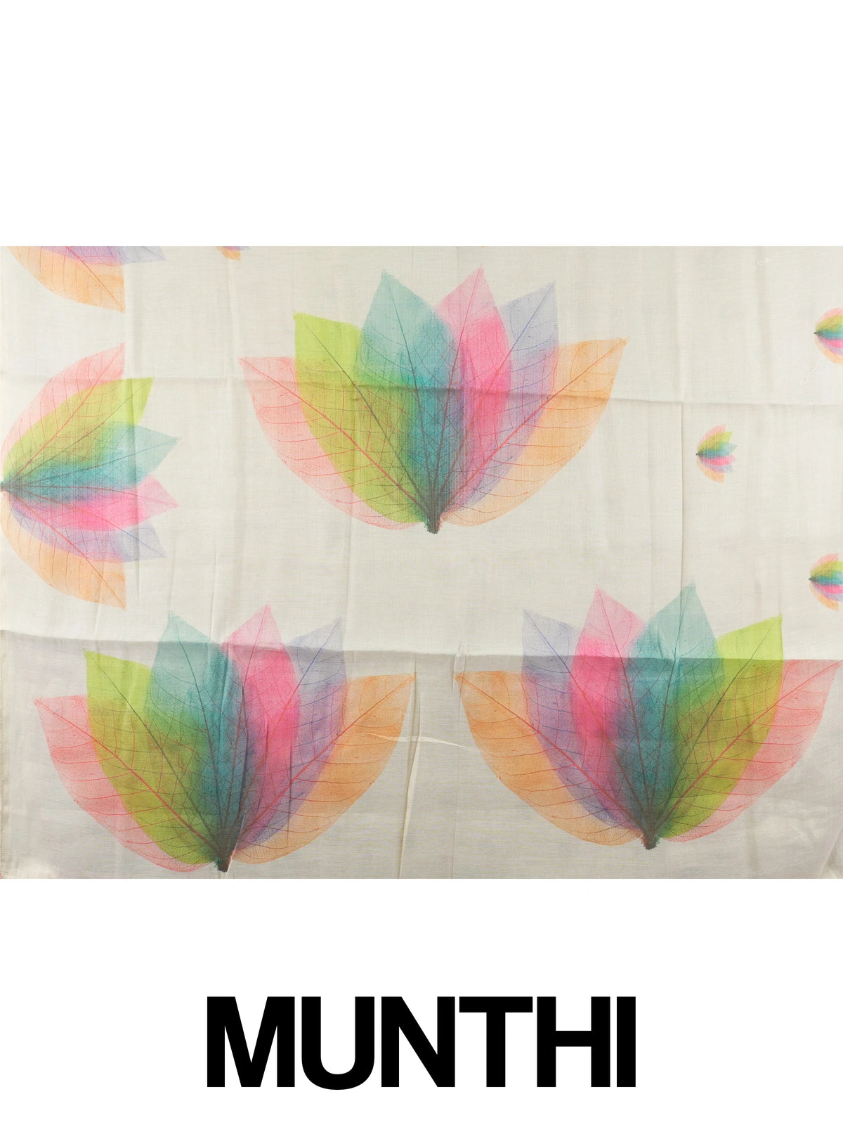 Cream linen cotton saree with multicoloured leaf and lotus-petal prints
