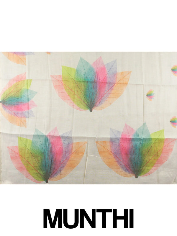 Cream linen cotton saree with multicoloured leaf and lotus-petal prints