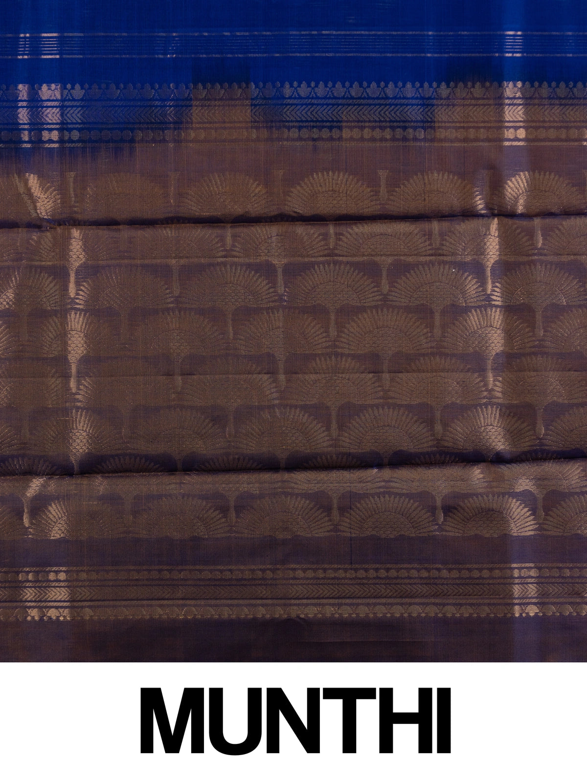 Royal blue pure silk cotton saree with copper-gold zari peacock buttas and contrast border