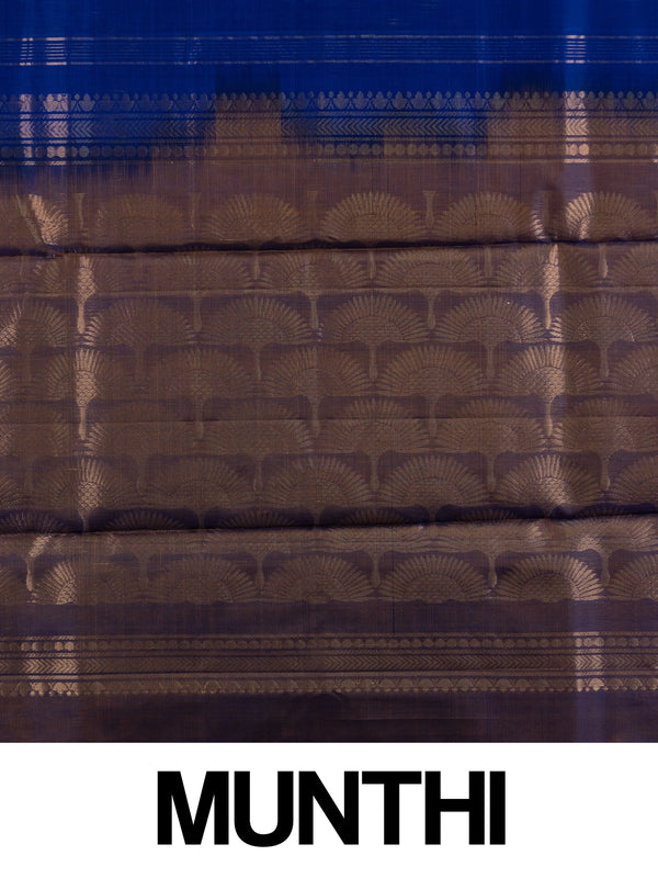 Royal blue pure silk cotton saree with copper-gold zari peacock buttas and contrast border