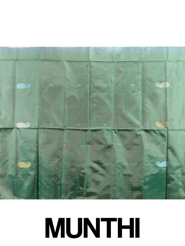 Cream banana silk saree with multicolour paisley buttas and contrast green striped pallu and border