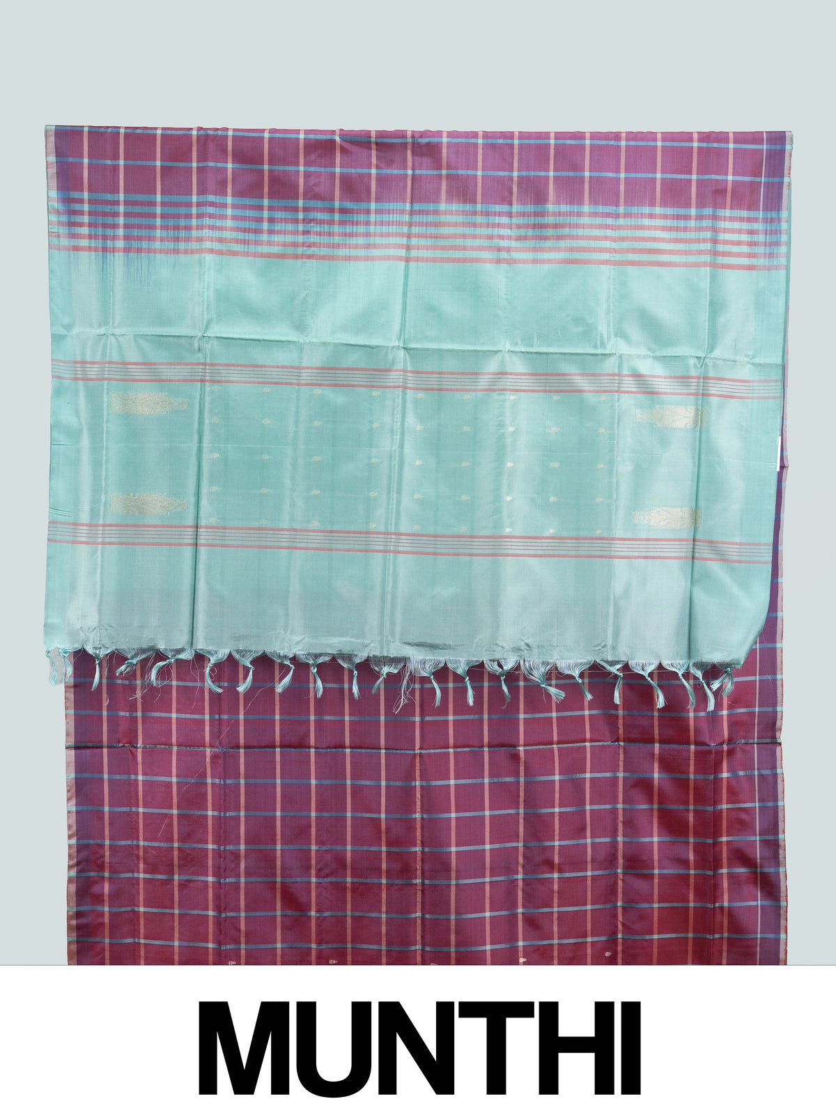 Wine maroon checked banana silk saree with contrast sea-green pallu, gold zari buttas and border