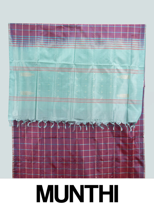 Wine maroon checked banana silk saree with contrast sea-green pallu, gold zari buttas and border