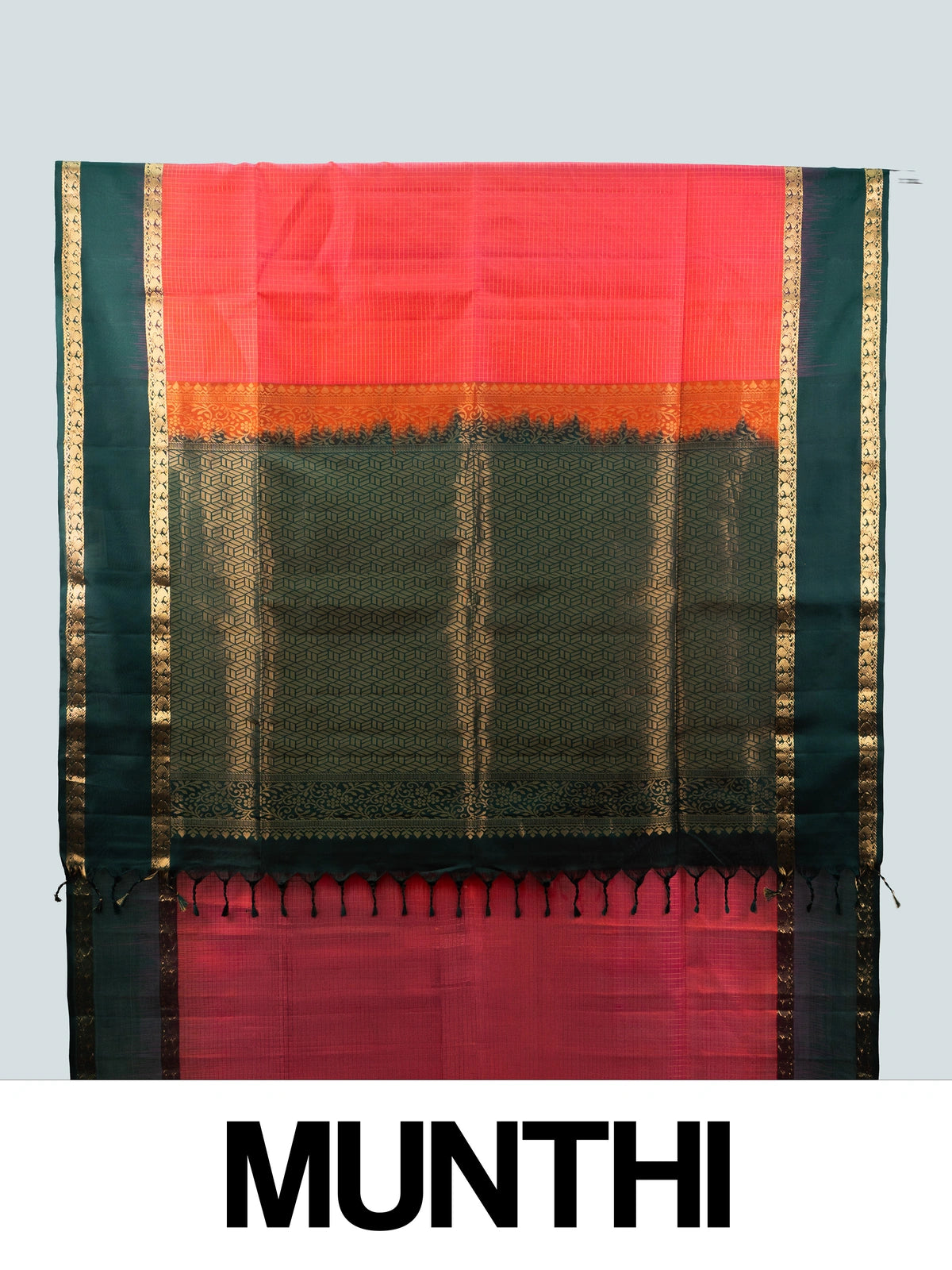 Red soft silk saree with contrast dark green gold zari border and woven zari pallu