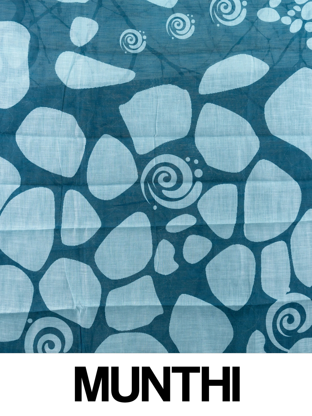 Sky blue and teal batik linen cotton saree with white pebble motifs and gold zari border
