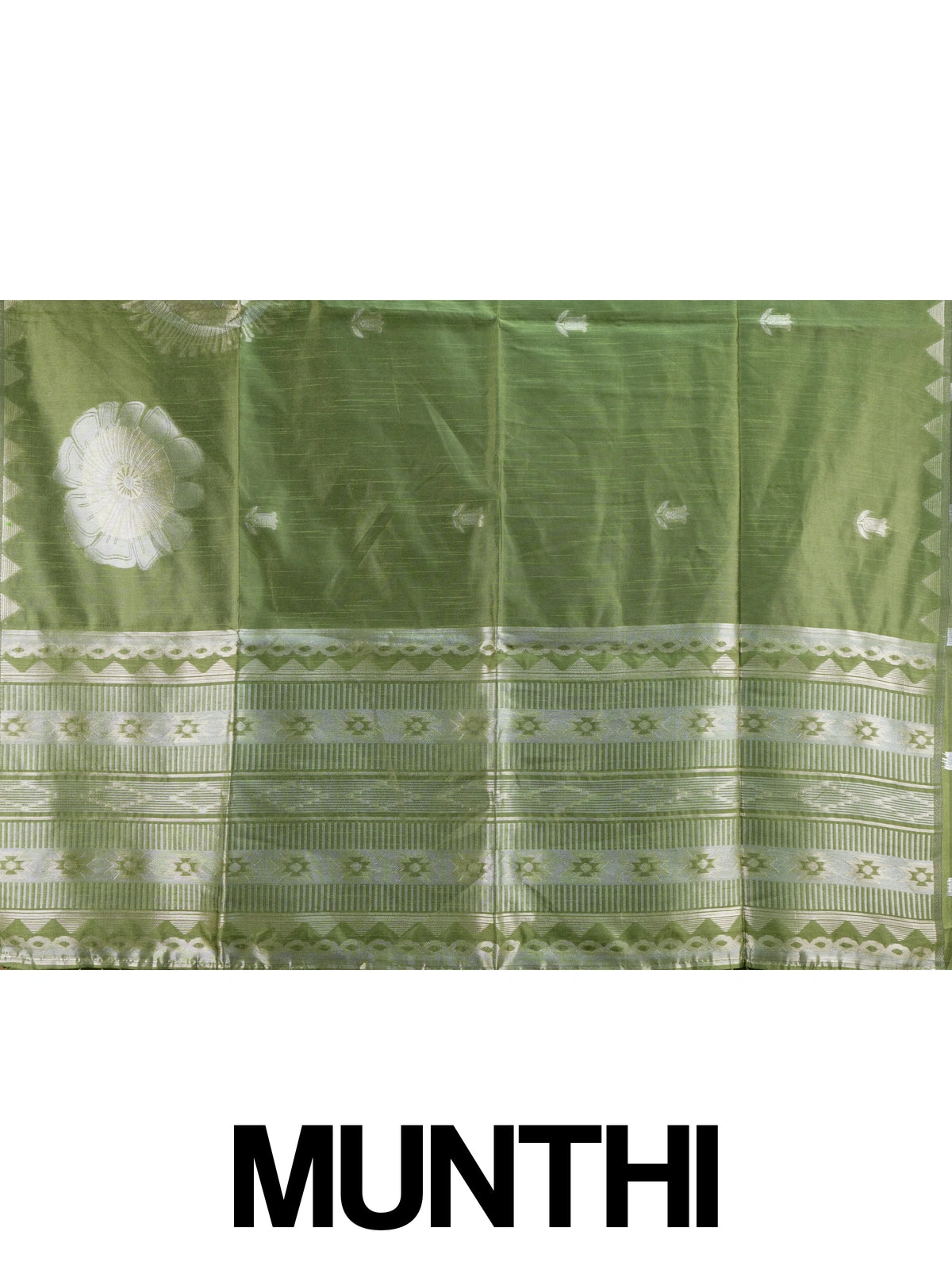 Olive green semi tussar saree with silver zari floral motifs and temple border