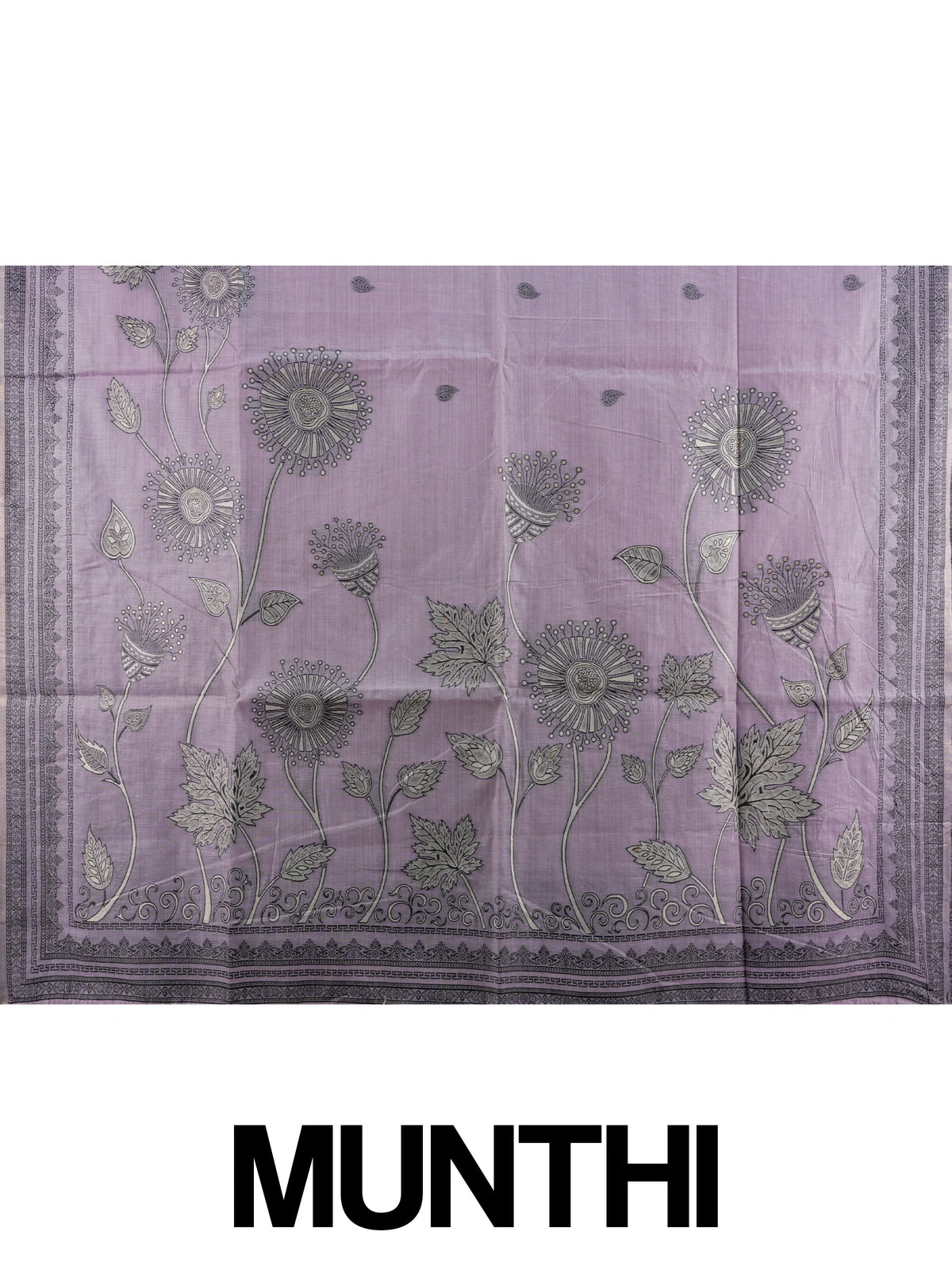 Lavender linen cotton saree with grey contrast border, floral pallu and yellow blouse
