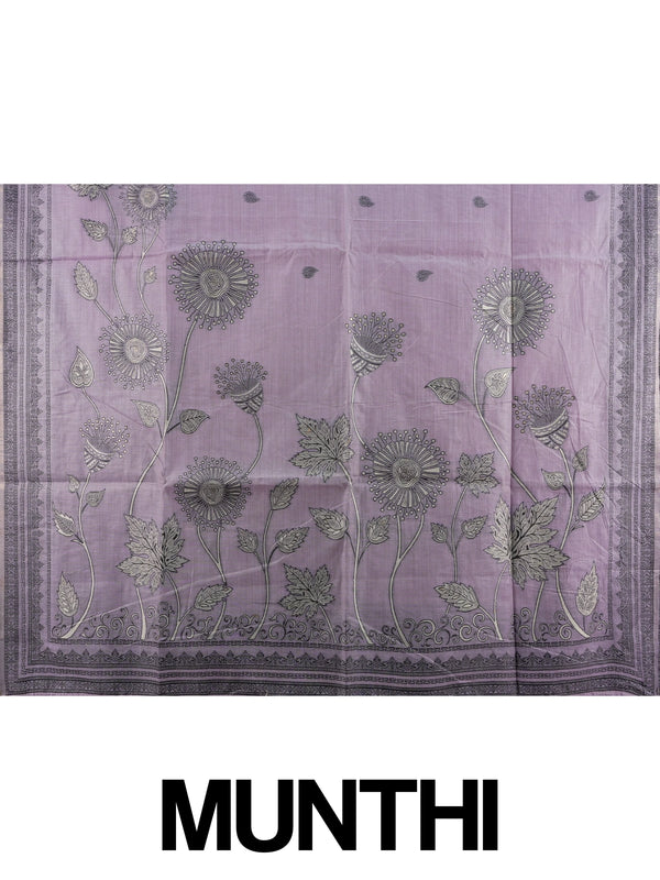 Lavender linen cotton saree with grey contrast border, floral pallu and yellow blouse