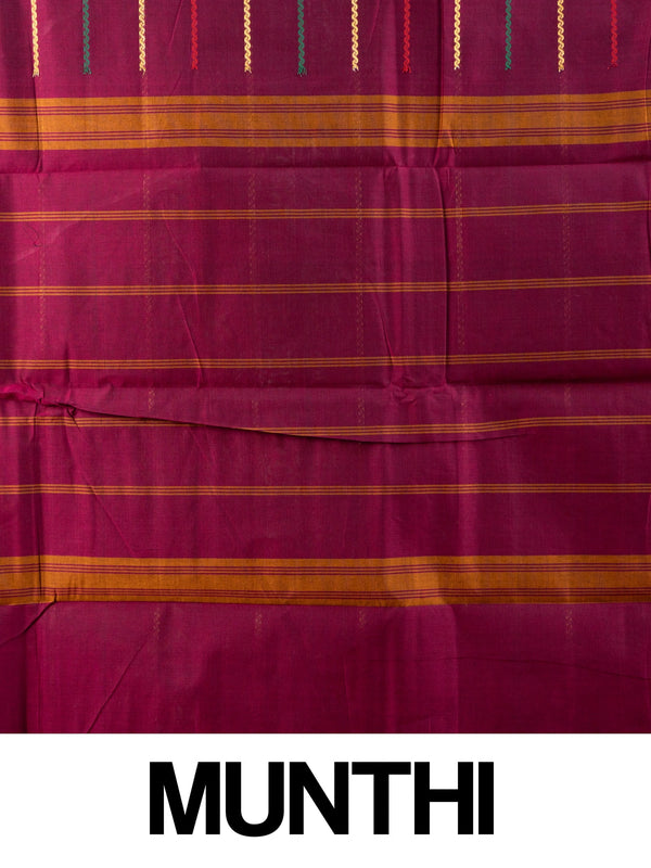 Magenta wine Chettinad cotton saree with red contrast border, gold zari peacock motifs and green temple design