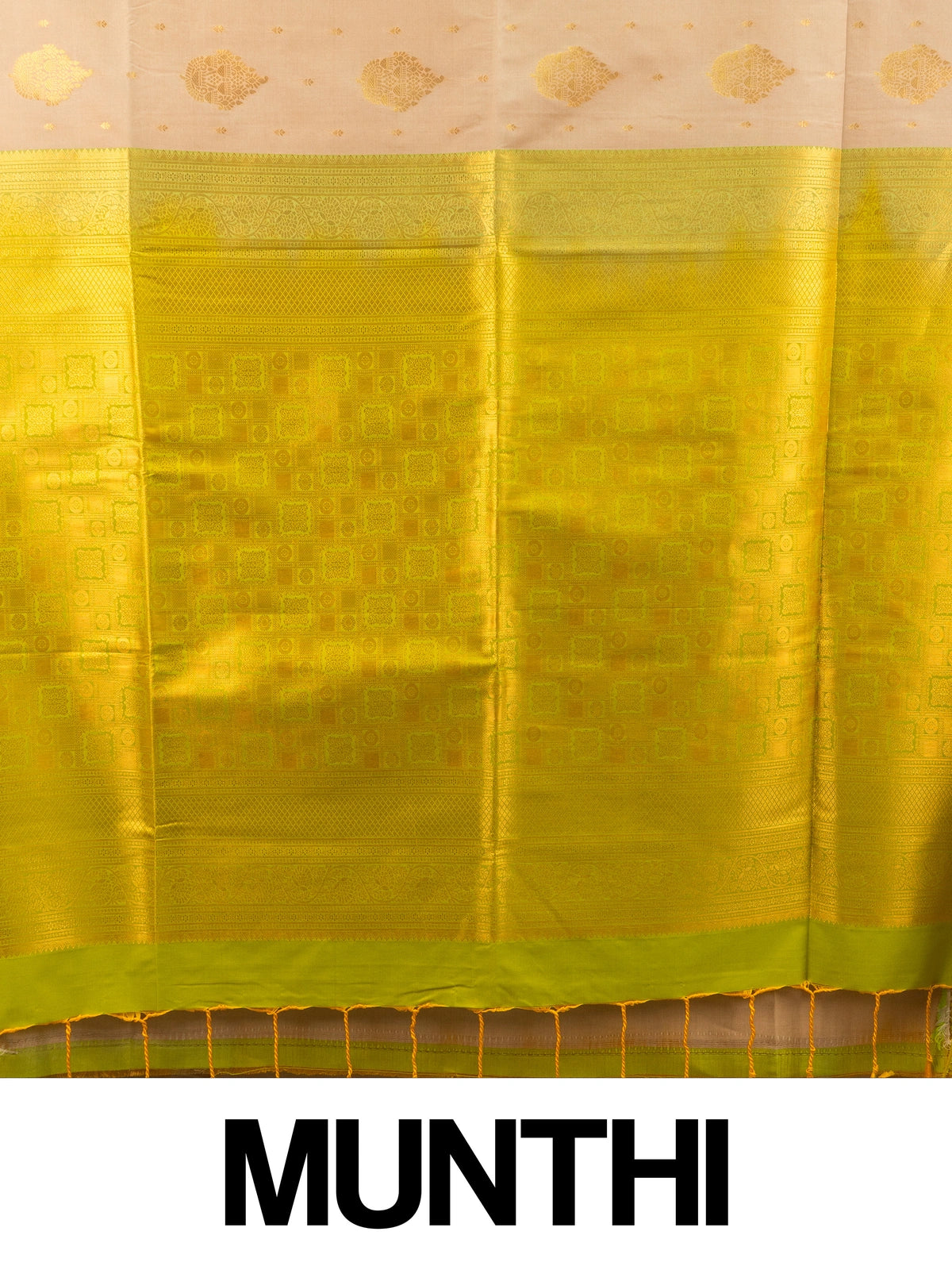Beige semi silk saree with lime green gold zari contrast border and zari pallu