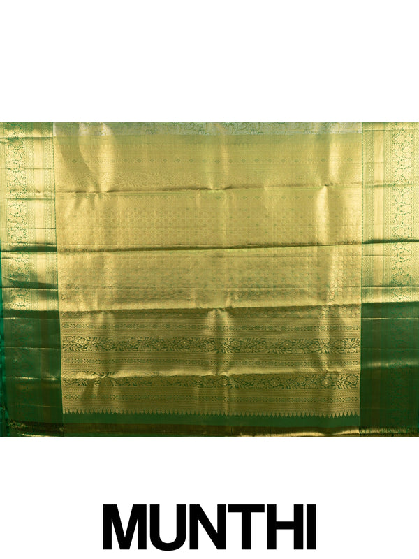 Green pure Kanchipuram silk saree with gold zari floral motifs and contrast border