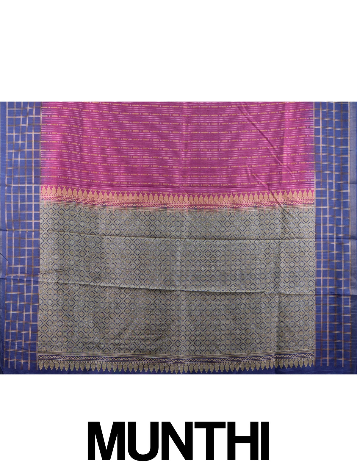 Magenta Dola silk saree with blue contrast zari border and woven geometric pallu
