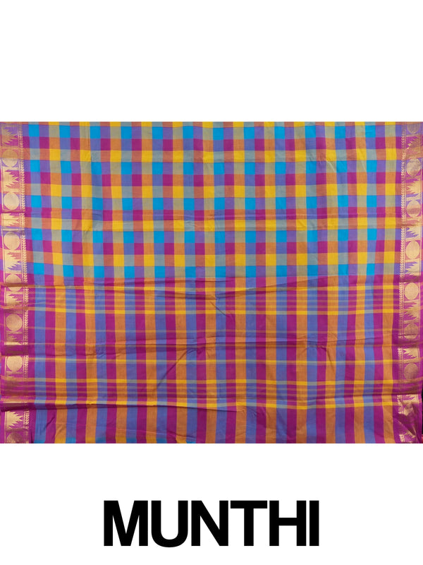 Multicolour checked Chettinad cotton saree with contrast magenta gold zari border