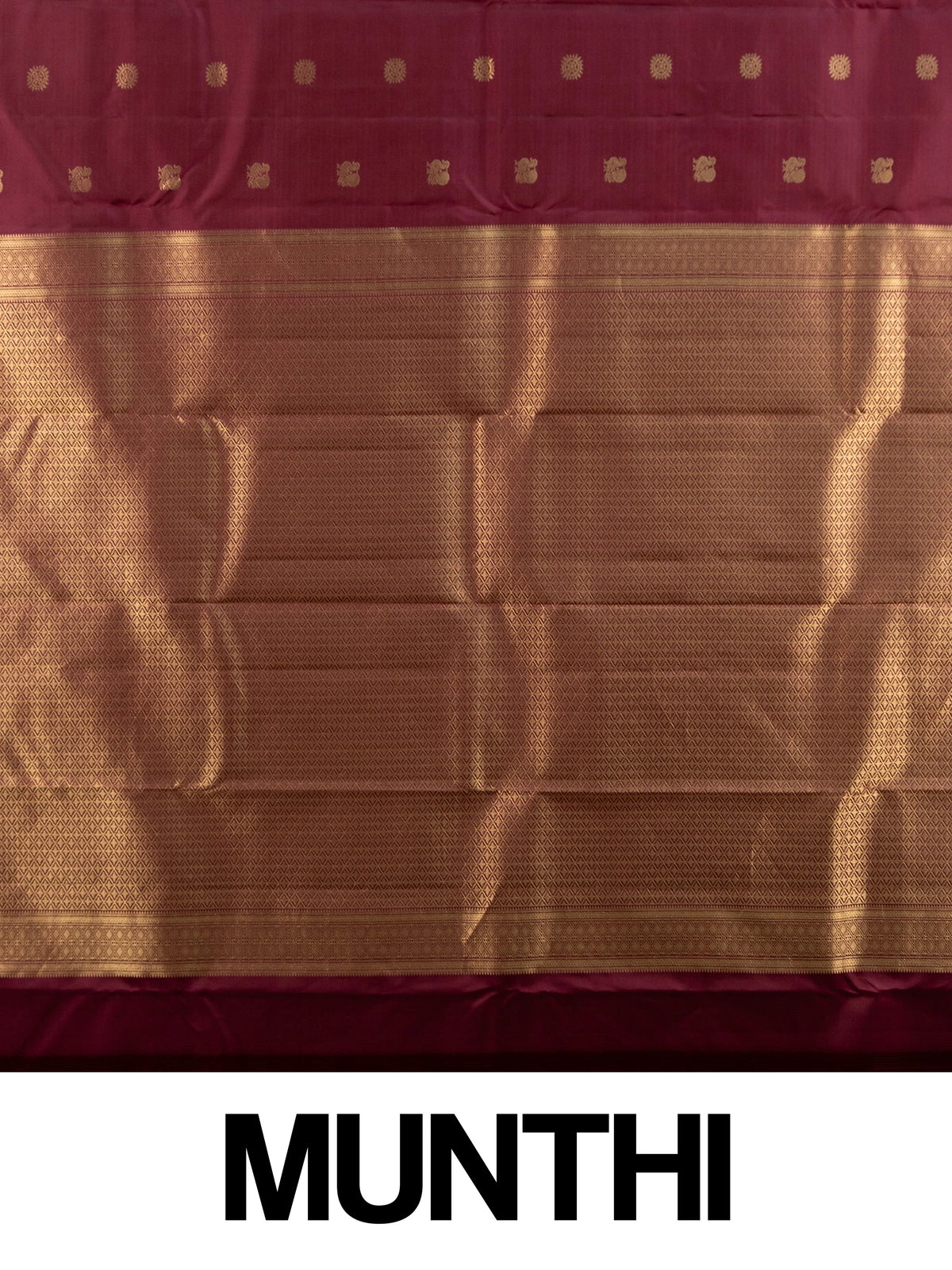 Maroon pure Kanchipuram silk saree with gold zari buttas and contrast zari border