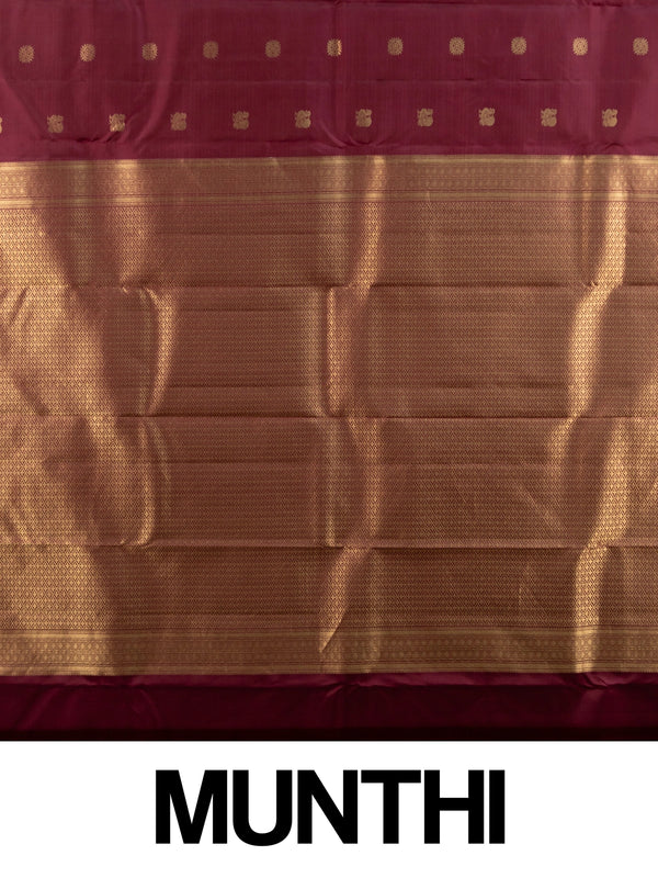 Maroon pure Kanchipuram silk saree with gold zari buttas and contrast zari border