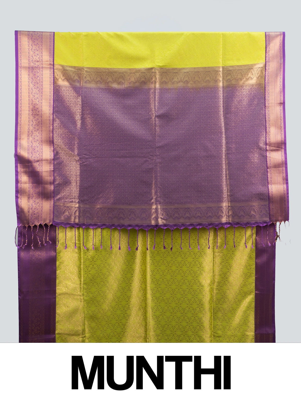 Lime green Kanchipuram Fancy Silk saree with contrast purple gold zari border and pallu