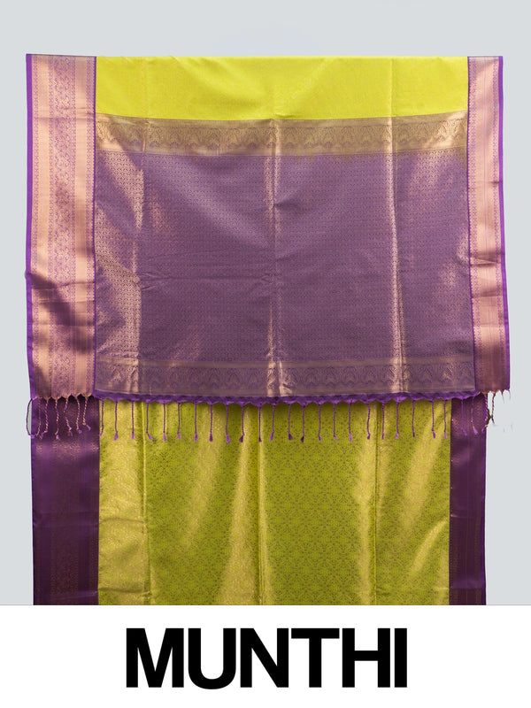 Lime green Kanchipuram Fancy Silk saree with contrast purple gold zari border and pallu
