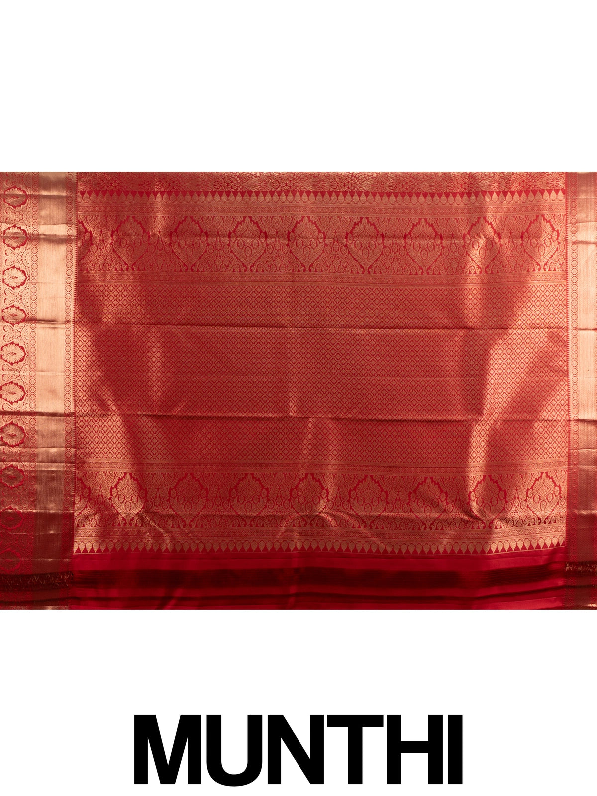 Red pure Kanchipuram silk saree with allover gold zari floral brocade and a broad temple-edged zari border