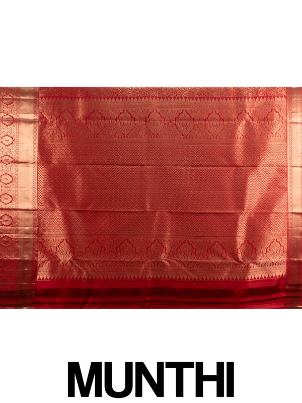 Red pure Kanchipuram silk saree with allover gold zari floral brocade and a broad temple-edged zari border