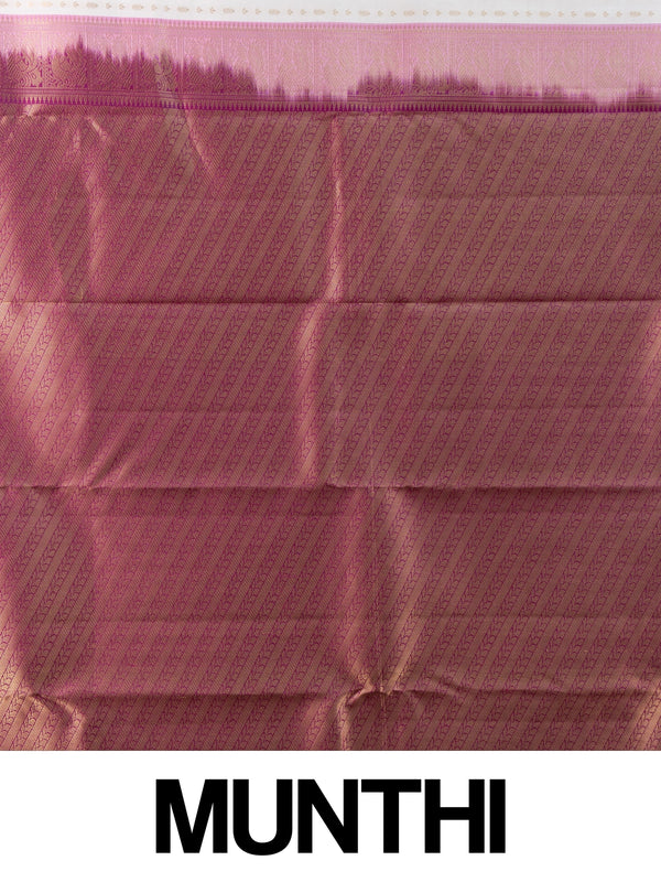 Cream pure Kanchipuram silk saree with gold zari buttis and contrast magenta zari border