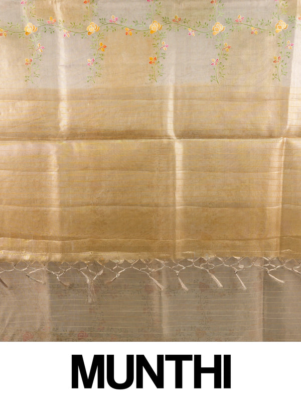 Golden beige semi raw silk saree with multicolour floral embroidery and gold zari border