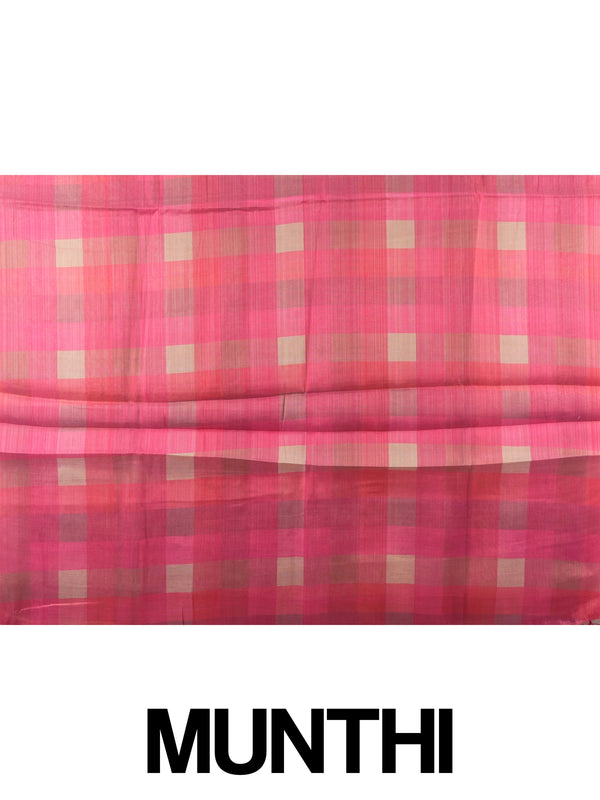 Cream linen cotton saree with pink checked contrast border and pallu
