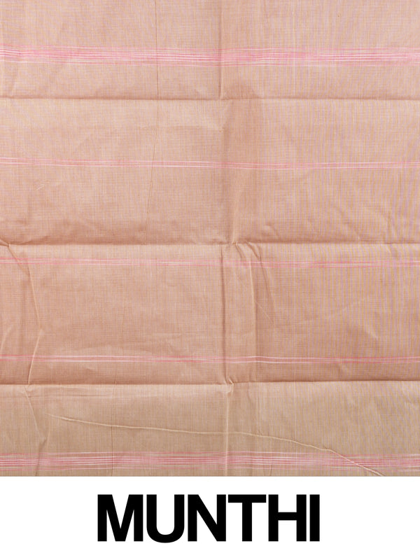 Pink and beige silk cotton saree with fine striped body, contrast beige pallu and golden-lined border