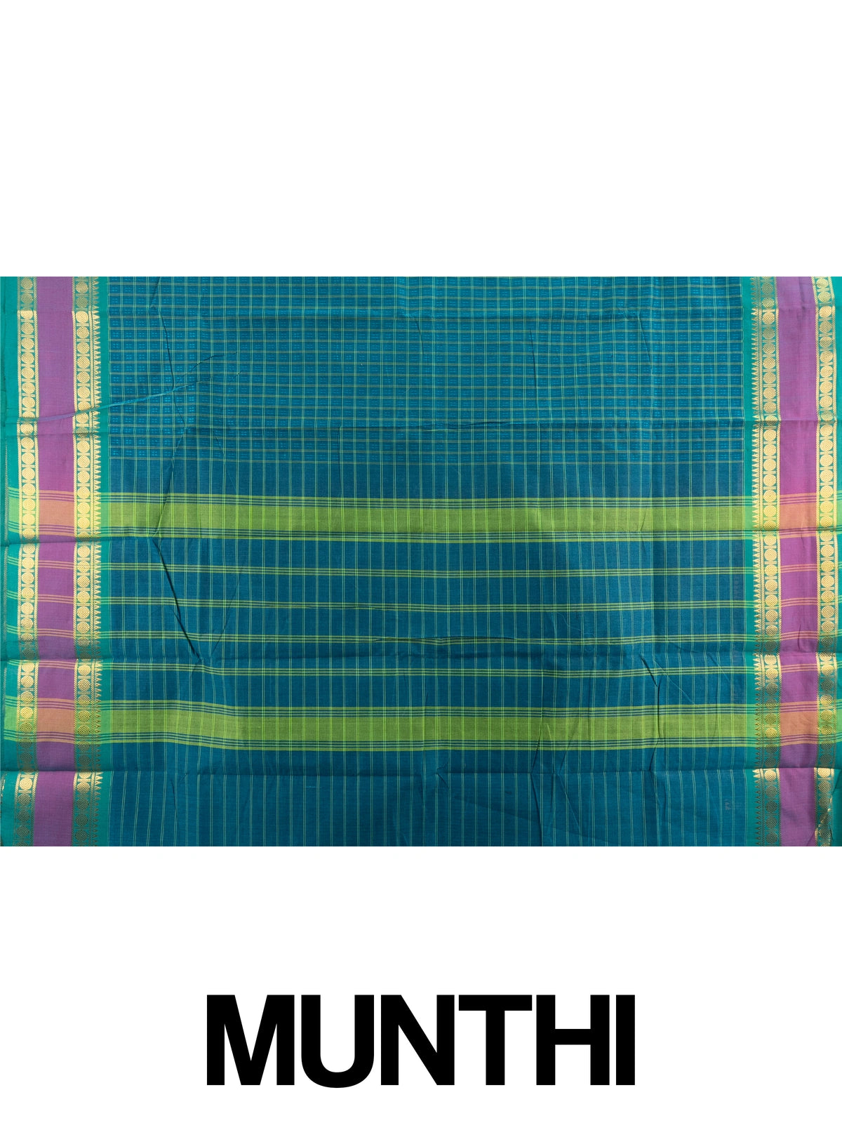 Teal Chettinad cotton saree with checked body and contrast magenta-green gold zari border