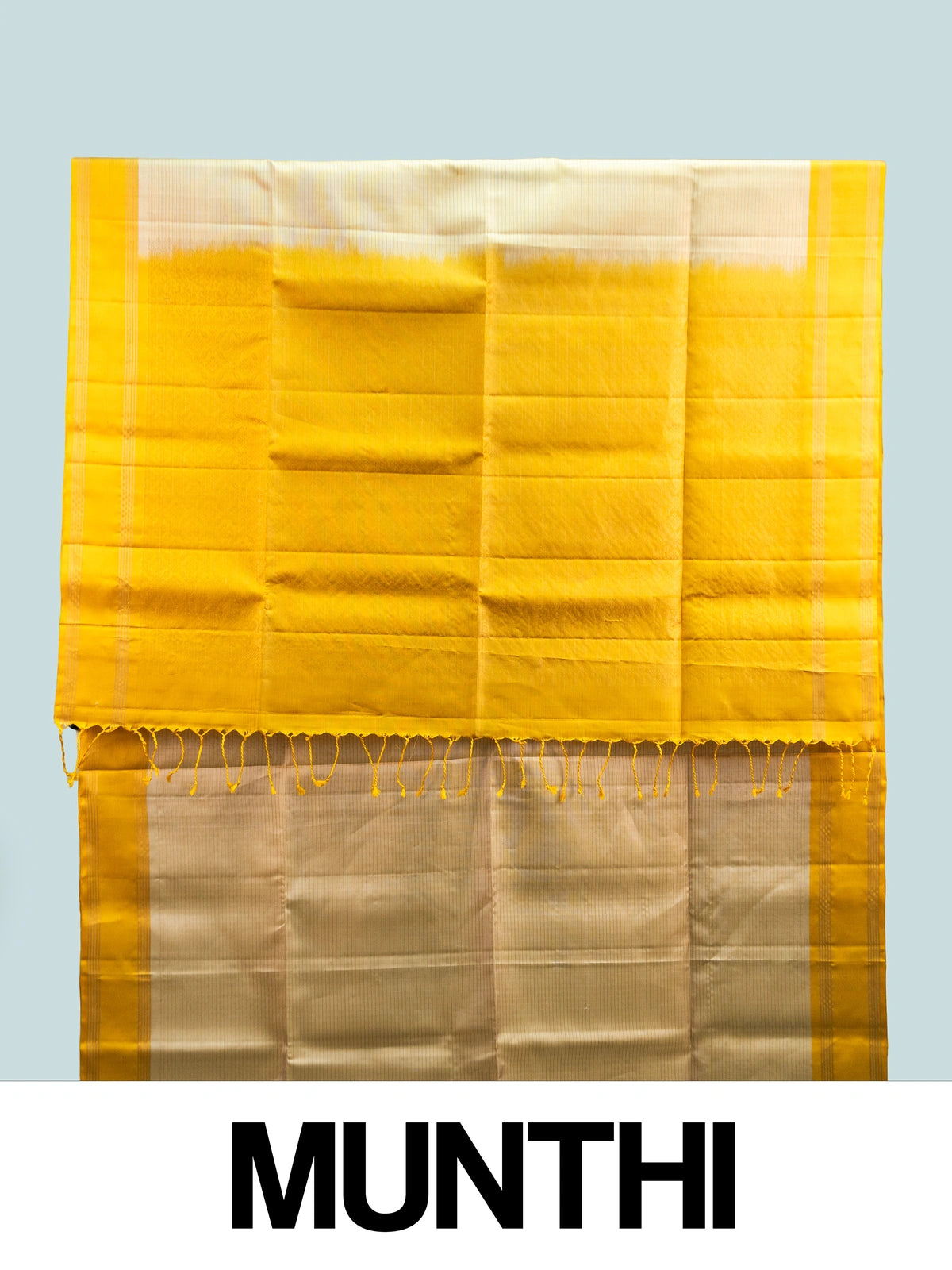 Cream pure soft silk saree with contrast mustard-yellow gold zari border and tasselled pallu
